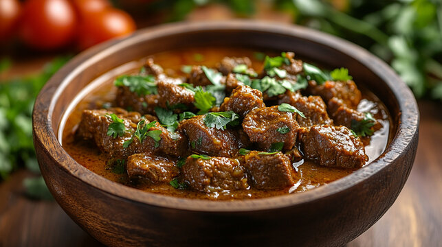 Beef curry in bowl with blur kitchen background. Food concept.