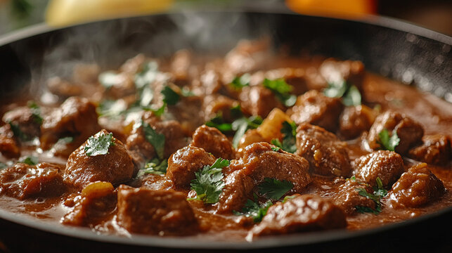 Beef curry in bowl with blur kitchen background. Food concept.
