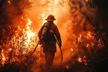 Obraz premium A lone firefighter bravely battles a raging forest fire, showcasing courage and determination.