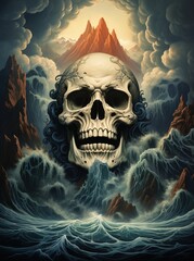 A skull carved into the side of an island, surrounded by stormy seas 