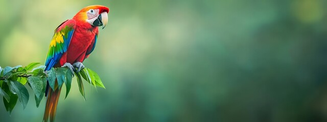  A vibrant parrot atop a verdant branch against a hazy backdrop of green foliage