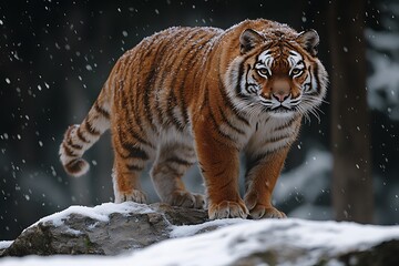 Obraz premium A Siberian tiger standing on a snowy ledge in a blizzard