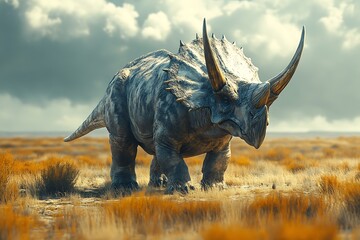 Fototapeta premium A lone Triceratops grazes on a vast plain under a cloudy sky.
