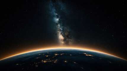 Fototapeta premium A stunning image of Earth's curvature from space at night, with city lights visible. Above, a clear view of the Milky Way galaxy illuminates the dark sky.