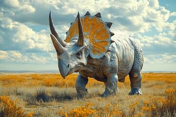 Fototapeta premium A lone Triceratops grazes in a vast, ancient plain bathed in natural light.