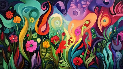 Obraz premium Abstract depiction of a lush garden with vibrant colors and flowing shapes, representing the abundance of nature