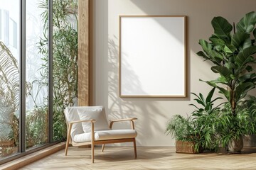 Poster Frame in Beige minimalist living room interior created with generative AI