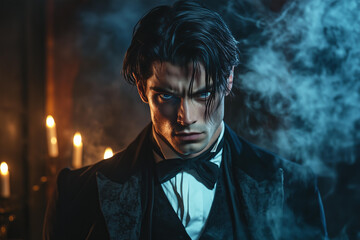 Fototapeta premium handsome brutal possessive male vampire with black hair and blue eyes, vampire fangs is visible, wearing old fashioned suit. He has a muscular body against a dark old manor with smoke and candles back
