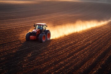 Obraz premium A lone tractor plows a vast field under the golden light of sunset.
