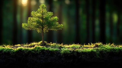 Naklejka premium A small pine tree grows in the forest. This image is ideal for environmental projects about nature and sustainability.