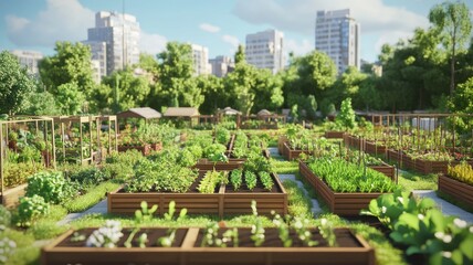 Fototapeta premium Lush urban garden with vibrant plants and vegetables surrounded by modern architecture, showcasing nature in the city.