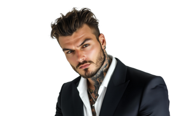 tanned skin, hot and attractive Italian mafia billionaire with a tattoo on his neck , wearing a luxurious black suit. Looking at camera with piercing and sensual gaze. isolated png