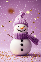 happy traditional christmas or new year snowman with a pastel purple scarf and pastel purple hat decorated with golden blurred confetti flying around, isolated on a pastel purple 