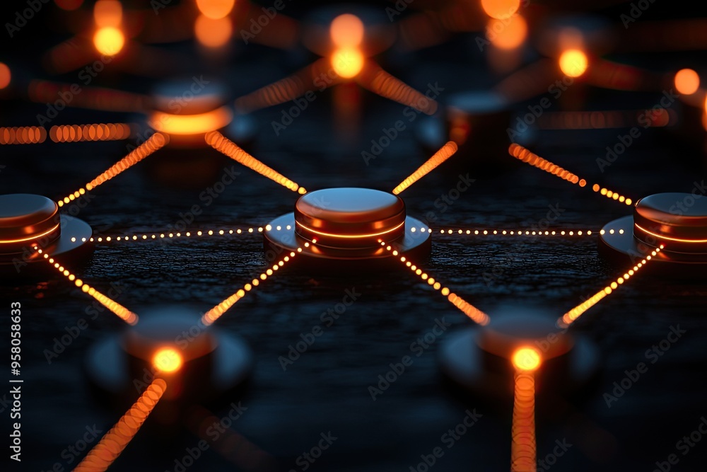Poster metallic discs connected by glowing lights. this image represents interconnectedness and network.