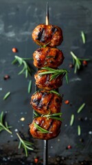 Three juicy sausages are artfully wrapped in rosemary, expertly displayed on a fork. The dark backdrop enhances their vibrant red color, creating an enticing visual effect