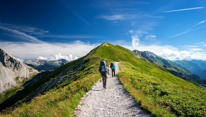Obraz premium Tourists hiking along the mountain path, hills and a blue sky