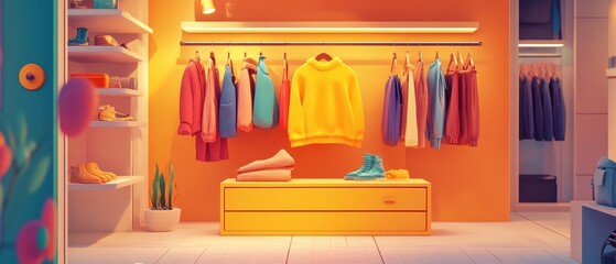 Vibrant clothing store interior with colorful garments, showcasing a trendy collection in a bright, inviting environment.
