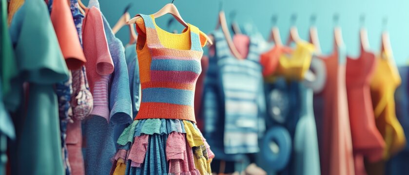 Vibrant fashion display with colorful dresses showcasing various styles and fabrics in a creative garment shop.
