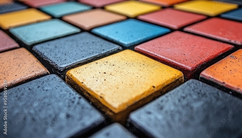 Poster closeup of colorful textured tiles. an abstract pattern of square tiles in various colors can be use