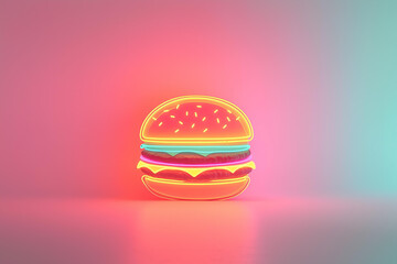 neon sign in the shape of a burger , glowing with soft light against a pastel background