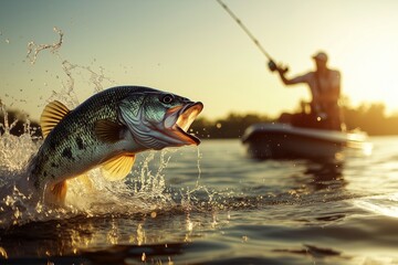 Fisherman Reeling in a Big Bass at Sunset