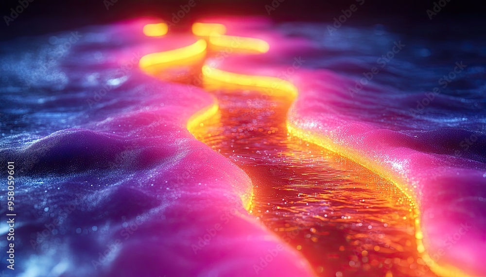 Poster a glowing path through abstract landscape. this image is perfect for showcasing creativity, innovati