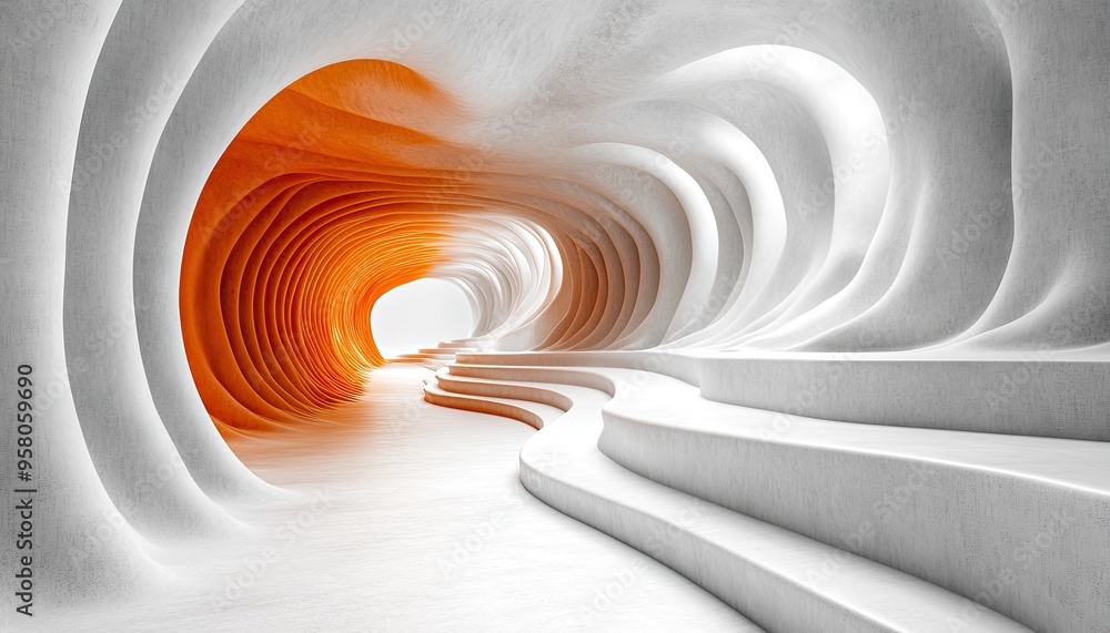 Poster abstract white and orange tunnel. perfect for illustrating abstract concepts, futuristic architectur