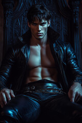 handsome man with dark hair, blue eyes, and a muscular body wearing fantasy outfit sits casually on a black throne in the castle , wearing all-black , shadows swirling around him. 