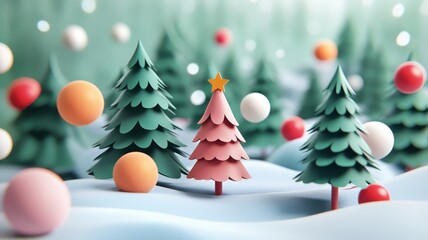 Whimsical winter scene with colorful paper trees and decorative balls, evoking the magic of the holiday season.