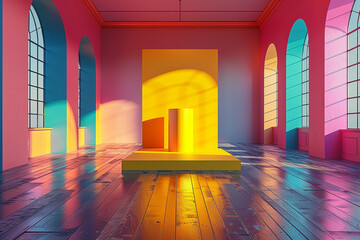 A 3D rendering of an empty room with a yellow pedestal display against a vivid background,...