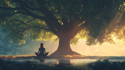 A woman meditates in a yoga pose beneath a large tree, with sunlight shining through the leaves.