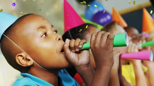 Children blowing party horns with colorful hats over celebration animation