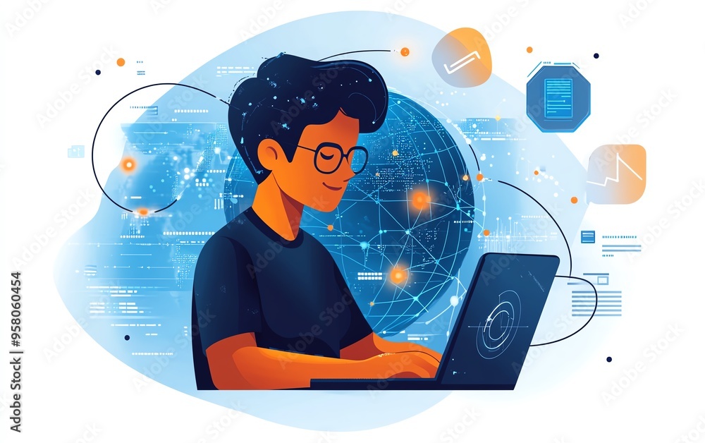 Aufkleber Technical support concept with a software engineer using a laptop, surrounded by global network graphics and IT support technology