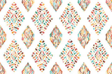 Ikat seamless pattern, geometric design, motif ethnic handmade, Ikat ethnic tribal, boho colors seamless wallpaper. Ethnic Ikat abstract background art.	