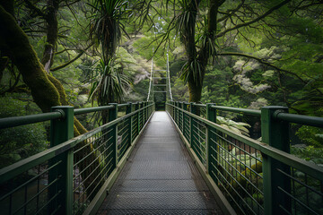 A misty tropical jungle with a bridge cutting through dense, lush greenery