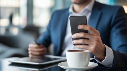 A professional man checks his smartphone while enjoying coffee at a modern café during the morning hours