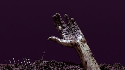 Fototapeta premium A creepy hand reaching out from the ground in a graveyard. The background is solid dark purple, and the hand is in razor-sharp focus, showing every detail of the dirt and nails.