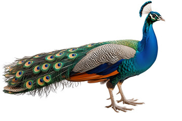 Fototapeta premium Stunning peacock with vibrant feathers on transparent background