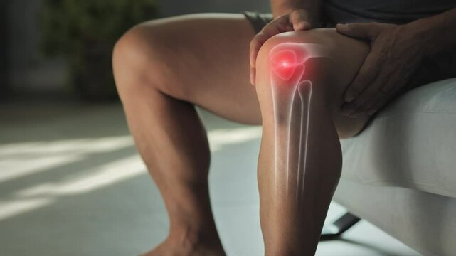 man suffering from knee pain graphic 3d visualization of joint anatomy inflammation,close up on person hand on couch touching injured joint tendon muscle