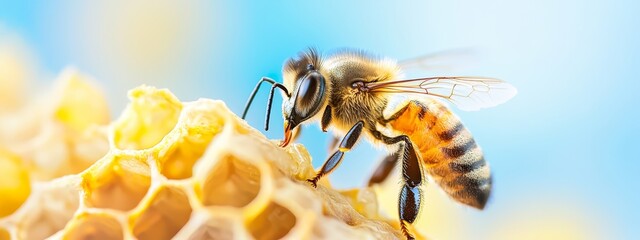  A tight shot of a bee atop a honeycomb against a vibrant blue sky