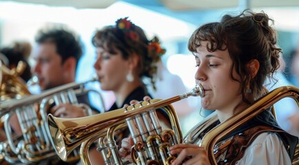 Munich Oktoberfest with a German womans band plying traditional instruments. Musicians plays on evening city street. Traditional Bavarian music at an Oktoberfest celebration