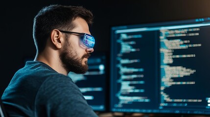 Programmer refining efficiency, holographic tools, futuristic coding office