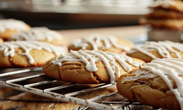 A tray of cookies with white icing on top Video