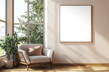 Poster Frame in Beige minimalist living room interior created with generative AI