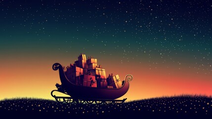 Sleigh full of Christmas presents against a starry night sky.