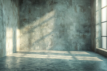 A 3D-rendered empty concrete room with dimly lit walls creates a dark and grungy atmosphere in this stock photo 