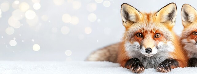 Obraz premium Two foxes seated side by side on a snow-covered ground against a white backdrop