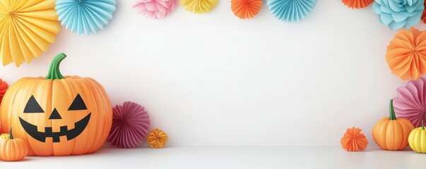 Festive Halloween party poster with bright, cheerful colors, showcasing themed decorations and event details Includes space for promotional text Ideal for holiday party advertising