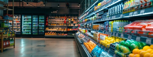 Well-stocked supermarket shelves with fresh produce