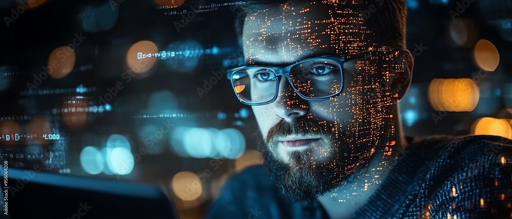 Poster Visual of technical support and customer service, highlighting a software engineer with a laptop, global network connections, and IT support digital system services